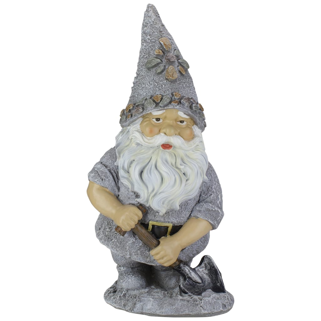 13.25" Pebble Gnome with Shovel Outdoor Garden Statue