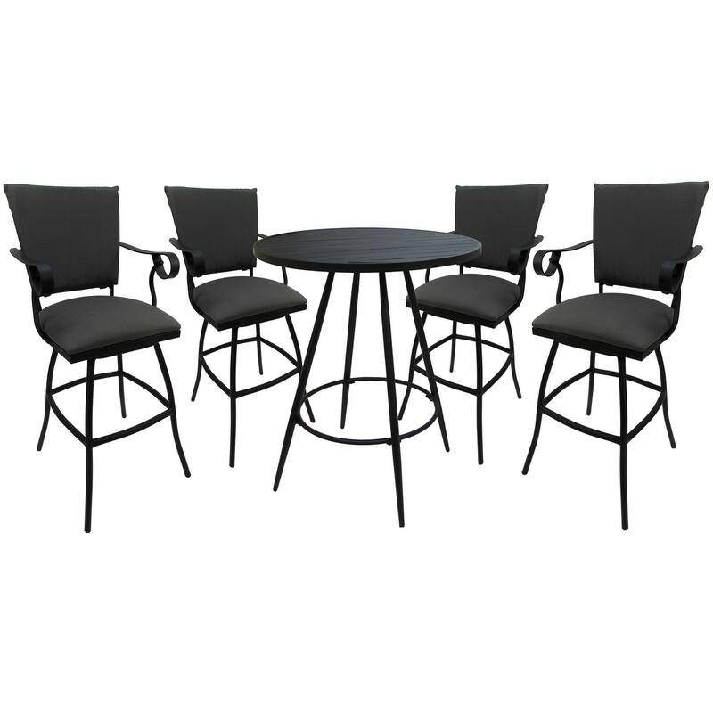 Outdoor Patio Bar Pub Set - 30" Stools Padded Back - Black Frame - 36" Table - Dark Grey