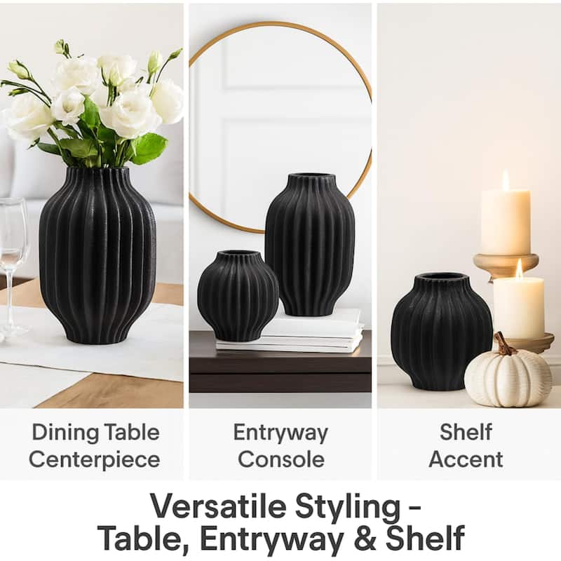 ARIA HOME Black Vertical Modern Ceramic Grooved Table Vase Set of 2