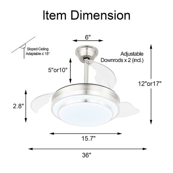 dimension image slide 1 of 5, 36" Modern Retractable Ceiling Fan with Led Light, 6-Speed Reversible Ceiling Fan with Remote - 36