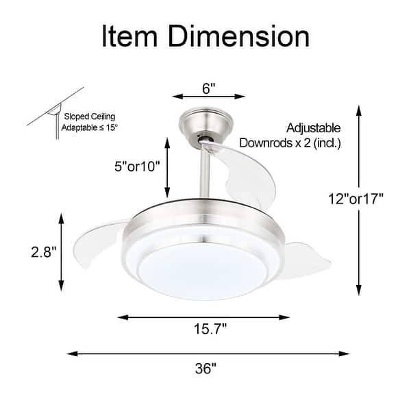 dimension image slide 2 of 5, 36" Modern Retractable Ceiling Fan with Led Light, 6-Speed Reversible Ceiling Fan with Remote - 36