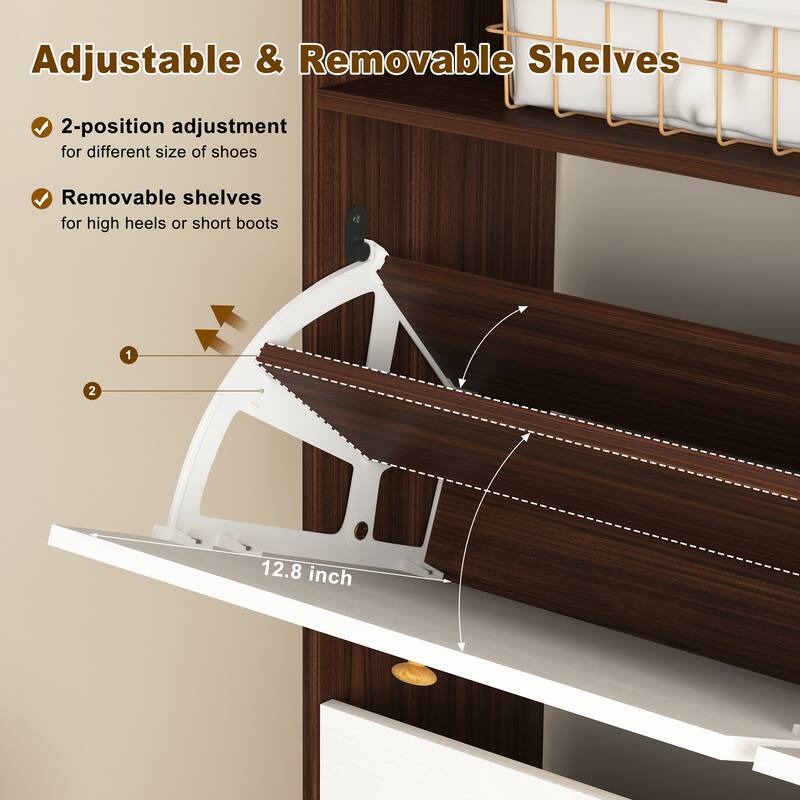 Sleek Shoe Cabinet with 4 Flip Drawers, Wooden Handle, and Anti-Tip Fitting for Narrow Spaces
