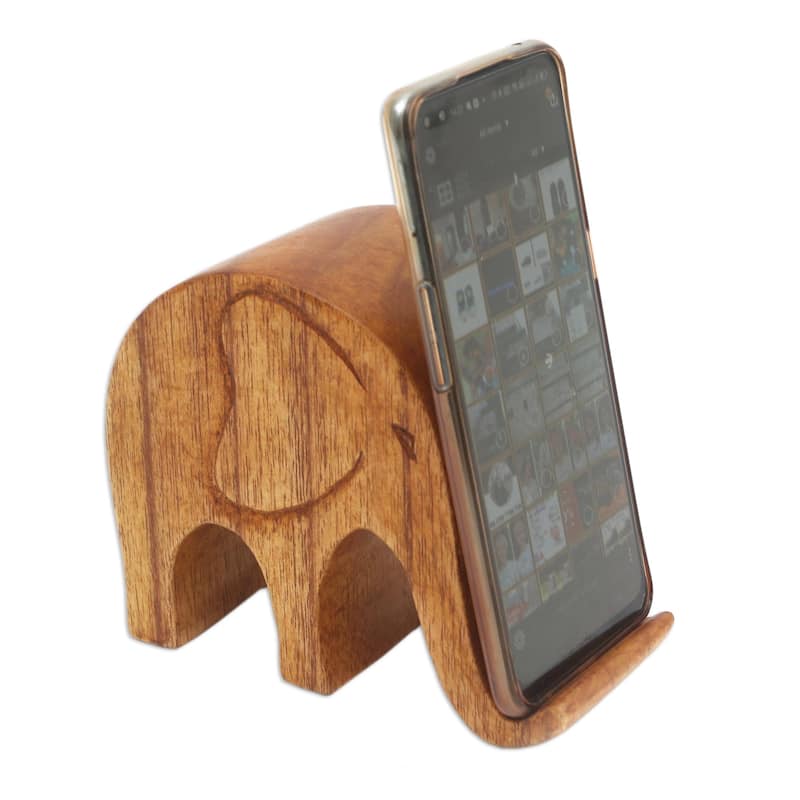 Novica Handmade Dialing Elephant Wood Phone Stand