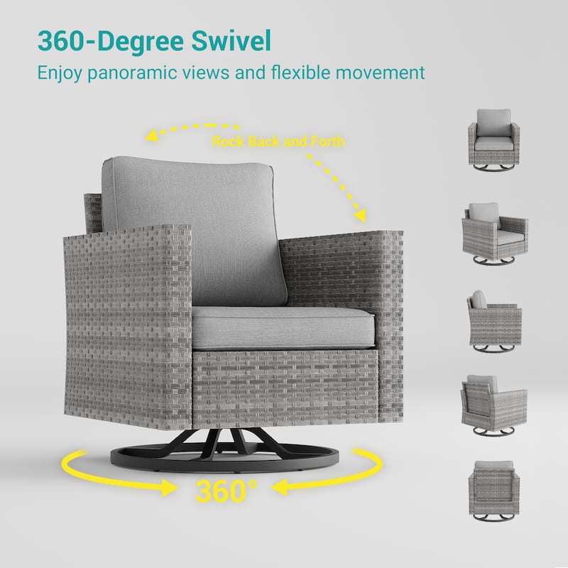 BONOSUKI 3Pcs Patio Swivel Rocking Sofa Set Brown Grey w/Glass Table