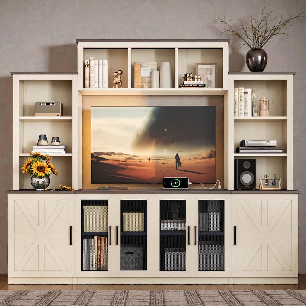 Modern TV Stand Entertainment Center with USB Charging Station, Storage Cabinets and Shelves, Media Console for 55 Inch TV