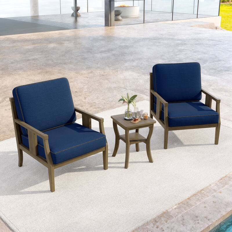 3-Piece Teak Wood Outdoor Armchair Set with Side Table, Cushions, Patio Seating Sets