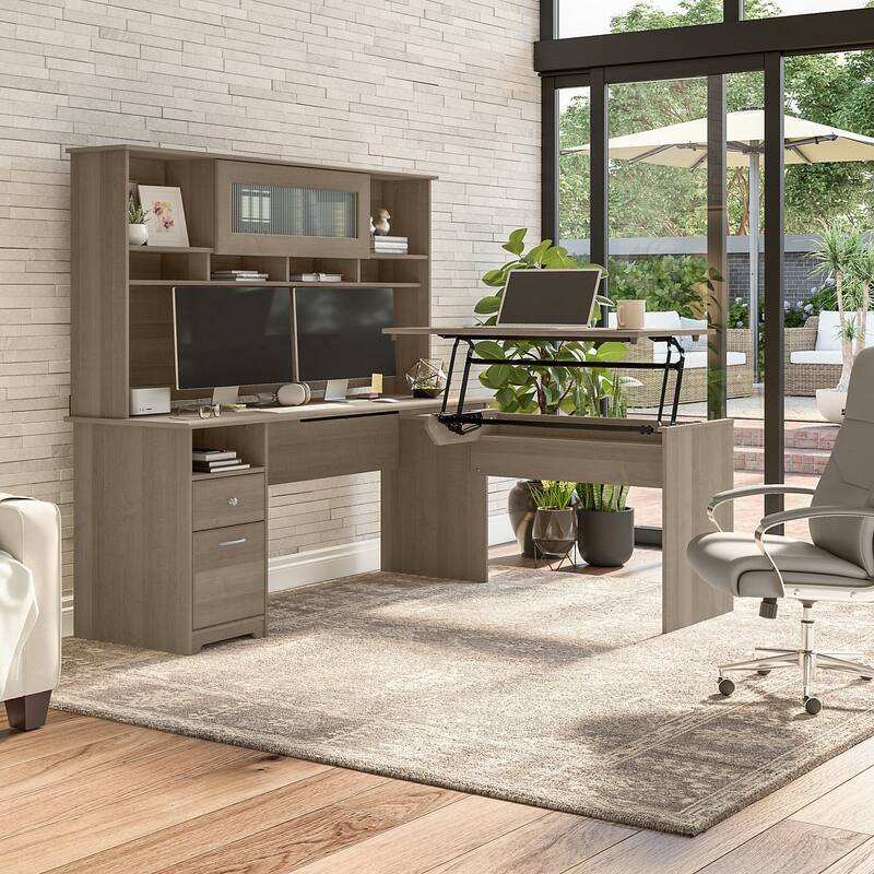 72W 3-position L-shaped Sit to Stand Desk with Hutch by Bush Furniture - Ash Gray