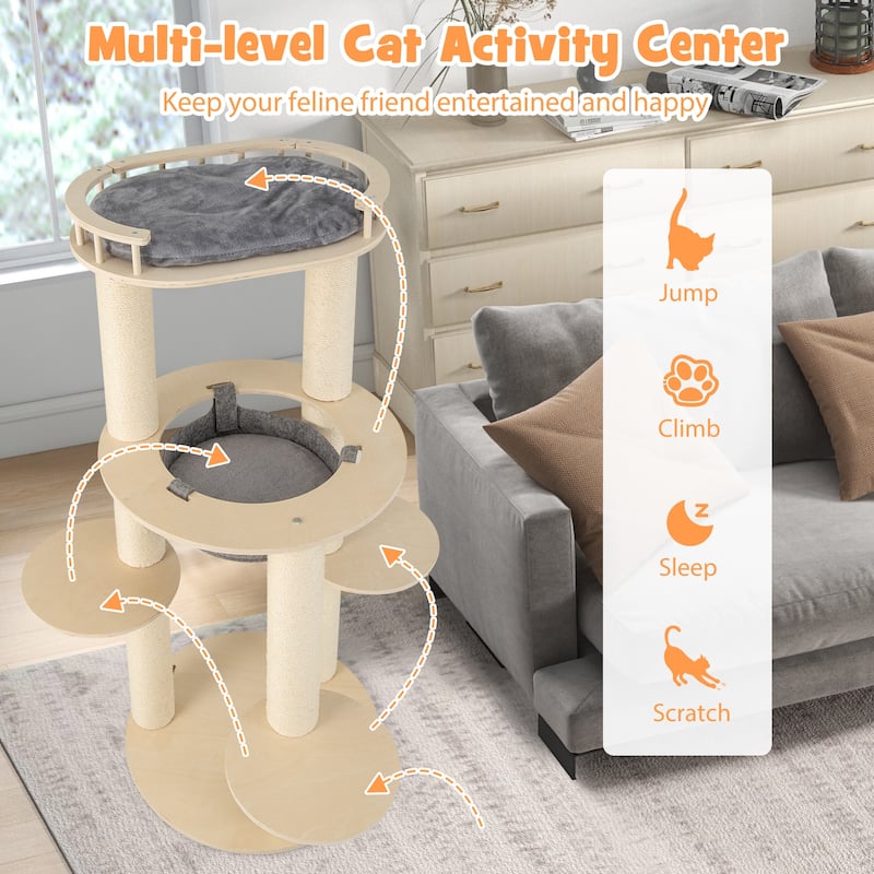 5-level Wooden Cat Tree with Padded Perch Non-woven Hammock