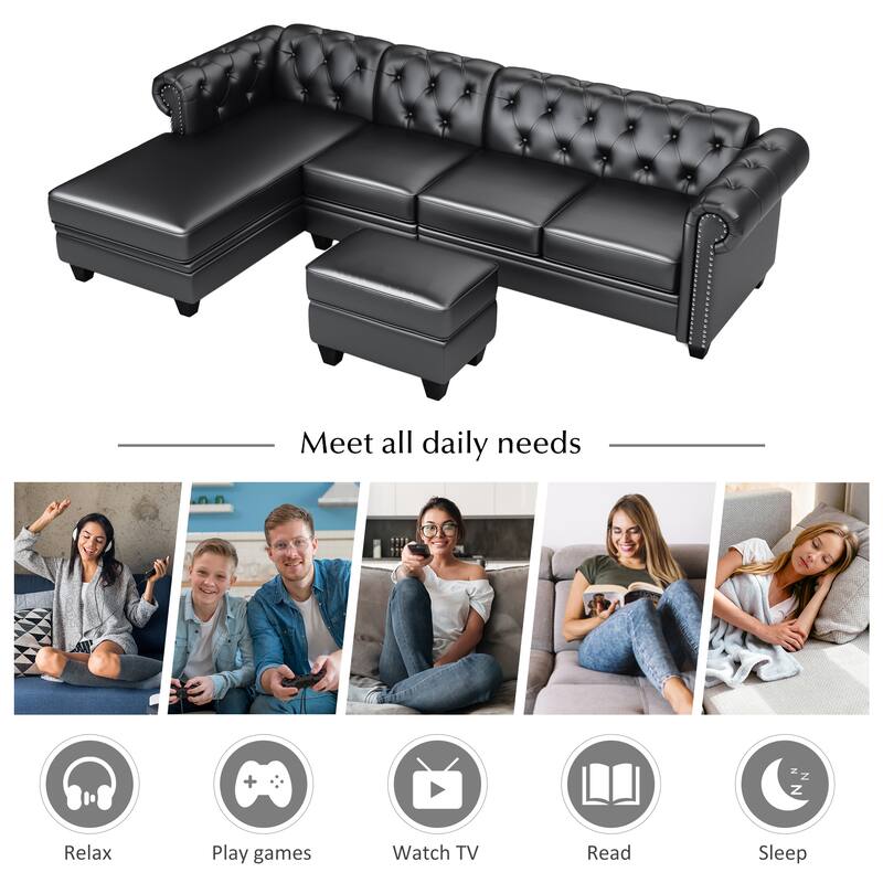116" Chesterfield Sectional Sofa Set, PU Leather 4-Seat Living Room Set with Storage Ottoman ,Nailheaded