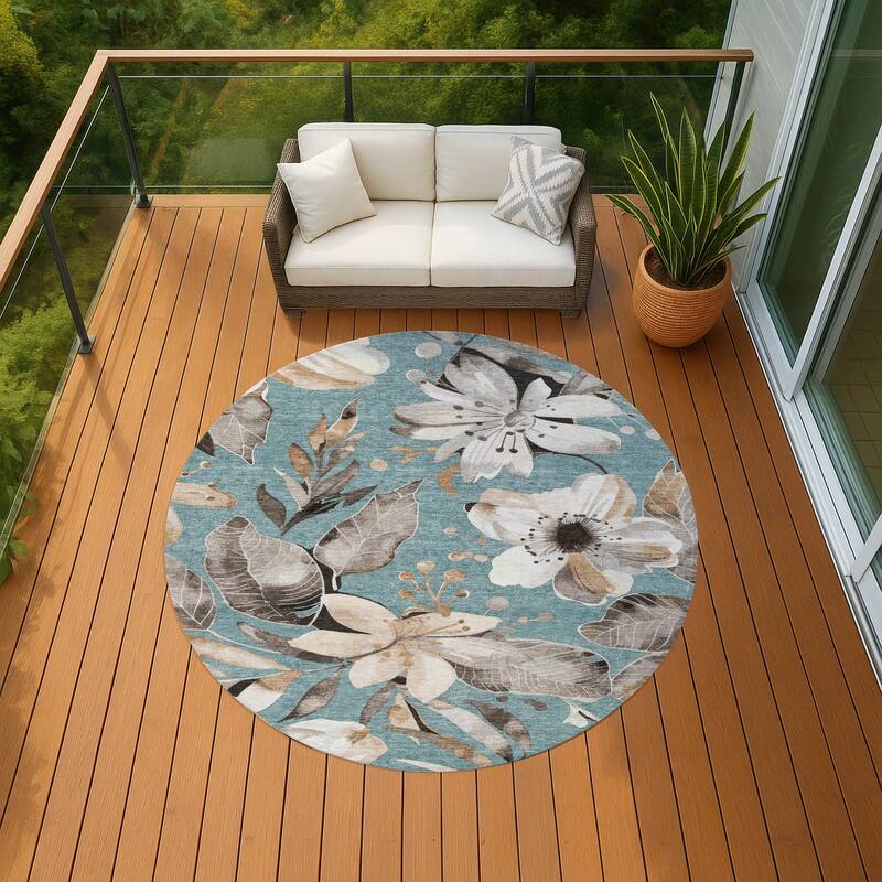 Machine Washable Indoor/ Outdoor Floral Chantille Rug - Teal - 8' x 8'