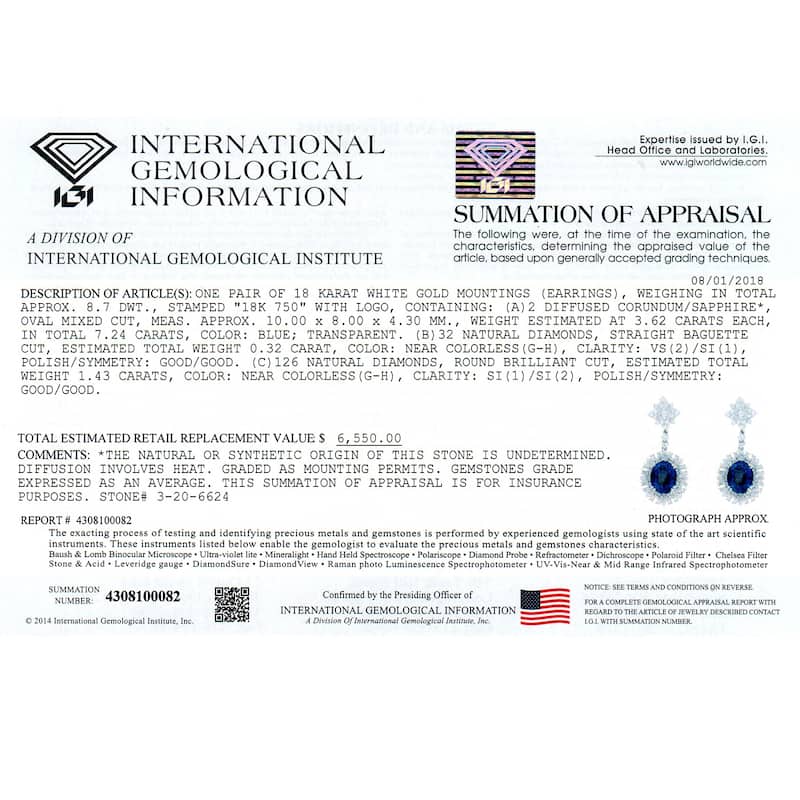 Auriya Fancy 7 1/4ct Royal Blue Sapphire Oval and 1 3/4ctw Halo Diamond Dangle Earrings 18K Gold
