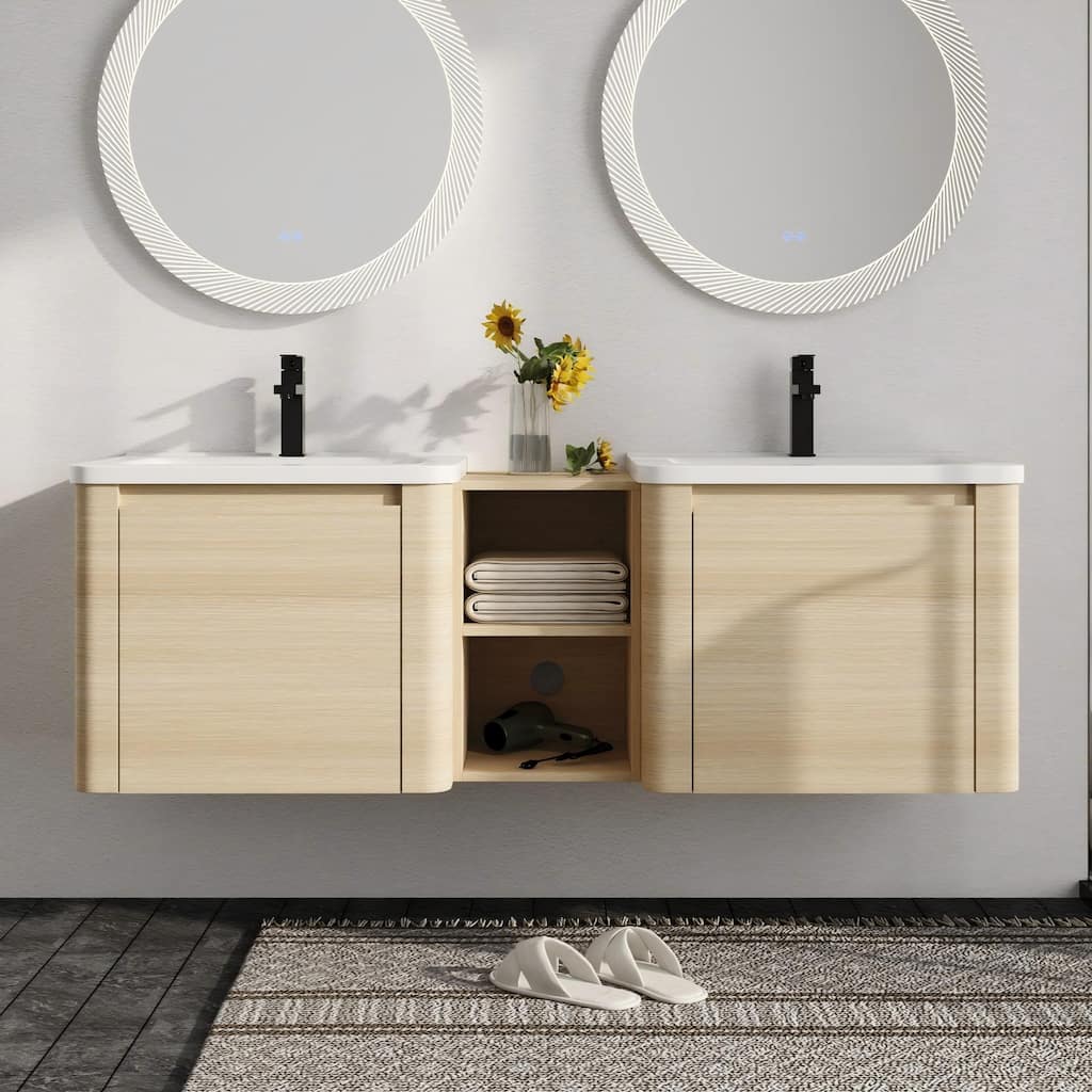 Malwee 24"/36"/48"/60" Floating Bathroom Vanity, Wall Mounted Bathroom Vanity with Ceramic Sink,Soft Close Door and Shelf