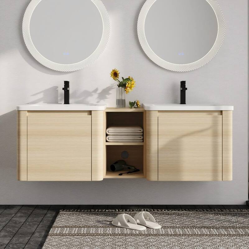 Malwee 24"/36"/48"/60" Floating Bathroom Vanity, Wall Mounted Bathroom Vanity with Ceramic Sink,Soft Close Door and Shelf - 59.8"×18.8"×20.0"
