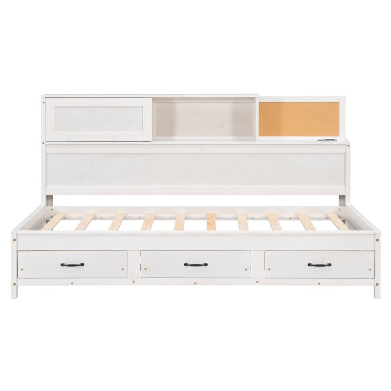 White Wooden Captains Bed Twin Size Daybed with 3 Drawers, Open Shelf, Pushable Storage Cabinet and Charging Station