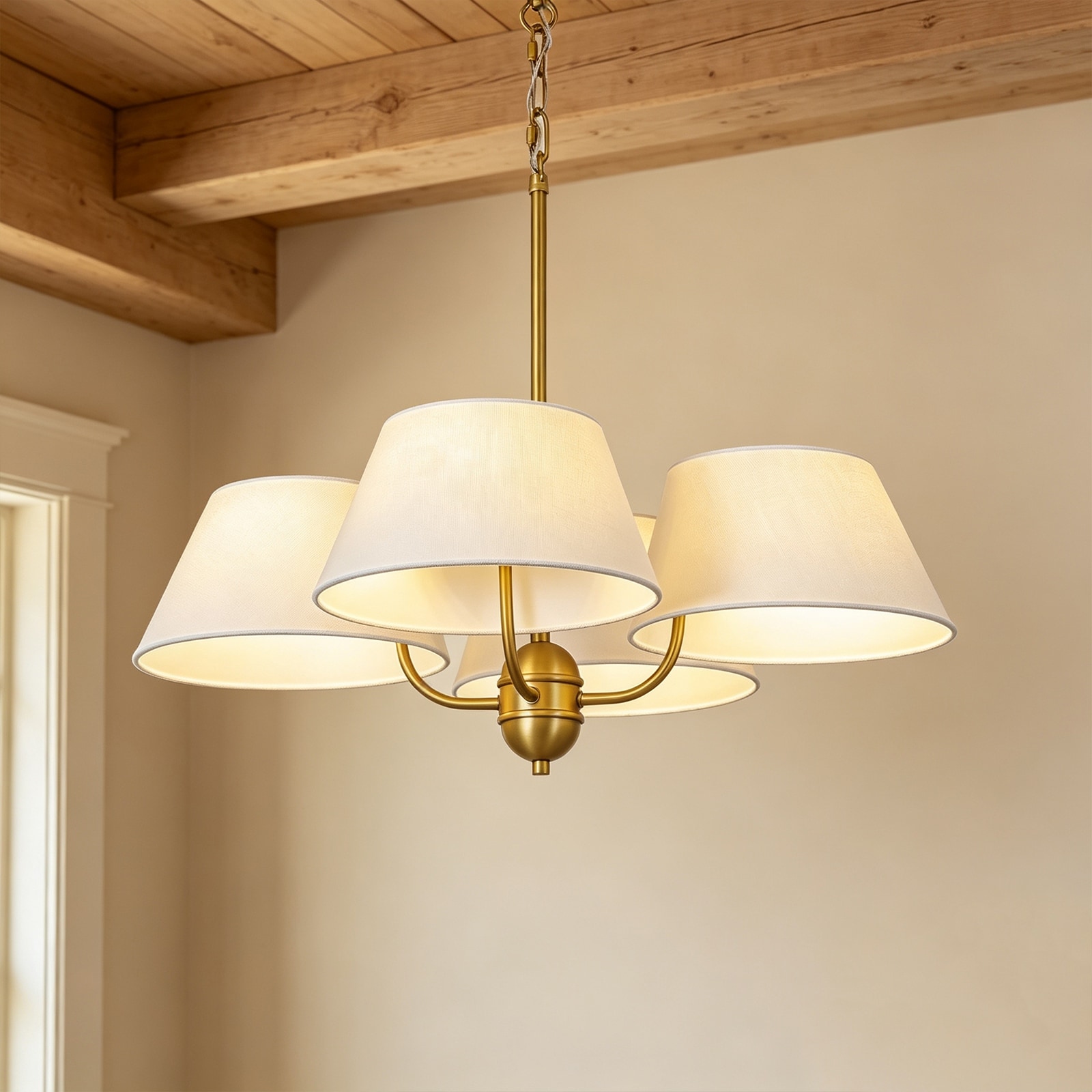Rennnsan 4-Light Mid-Century Brushed Gold Fabric Linen Shade Chandelier for Dining Room - 25.6 in. W x 8.5 in. H