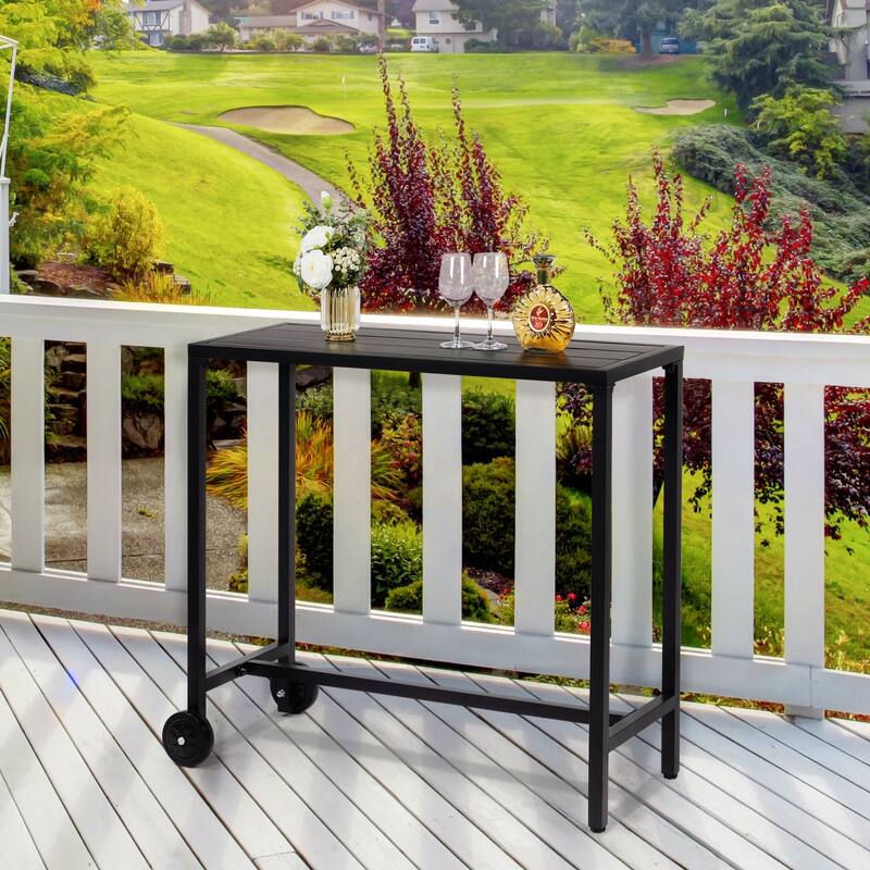 39.4" Black Iron Bar Table with Wheels Heavy-Duty Outdoor Patio Table Weatherproof and Portable - (39.4 x 15.7 x 37) in