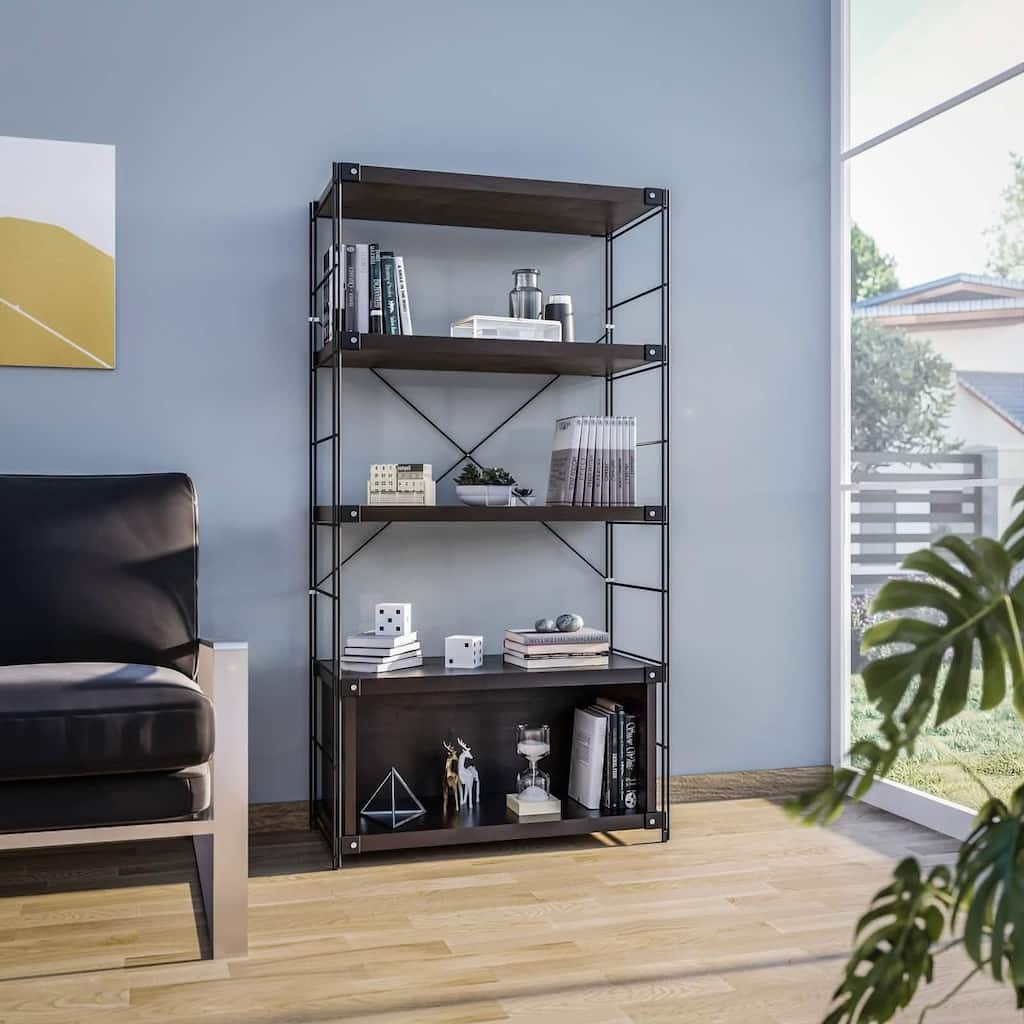 Brentwood Modern 66" Tall Etagere Bookcase with Black Stainless Steel Frame, Bookshelf for Home Living Room and Office