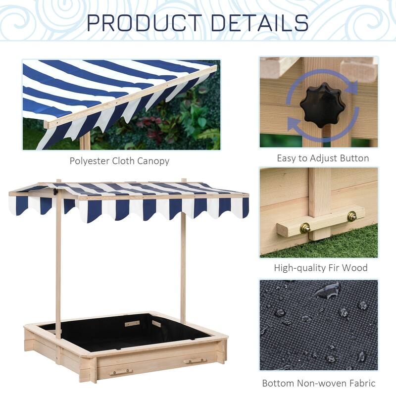 Wooden Kids Sandbox with Cover, Children Outdoor Sand Box with Foldable Bench Seats, Adjustable Canopy, Bottom Liner