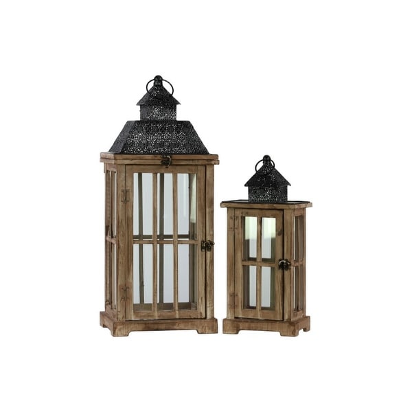 Traditional Wooden Lantern With Black Pierced Metal Top, Set Of 2, Dark Brown