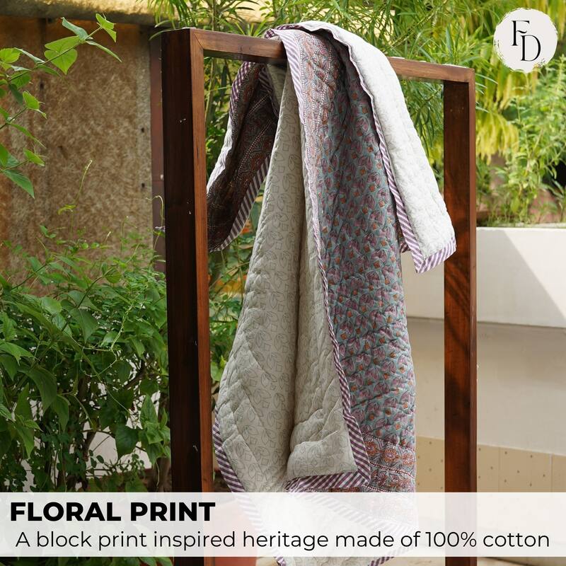 Fabdivine Luxury Hand Block Print Cotton Quilt Floral Boho Bedding for Bedroom & Sofa, Pink Brown, Handmade Reversible Bedspread