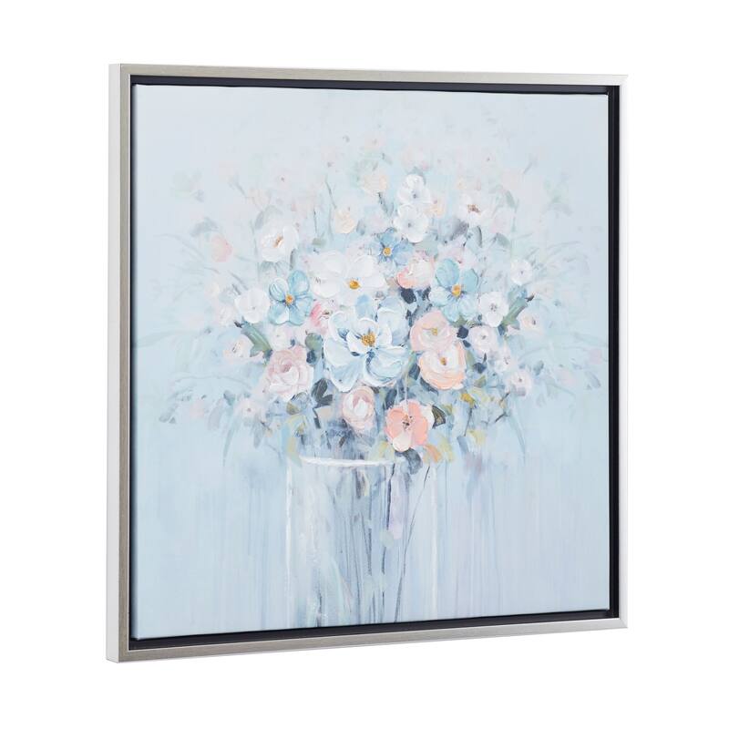 Blue Canvas Bouquet Floral Framed Wall Art with Silver Frame