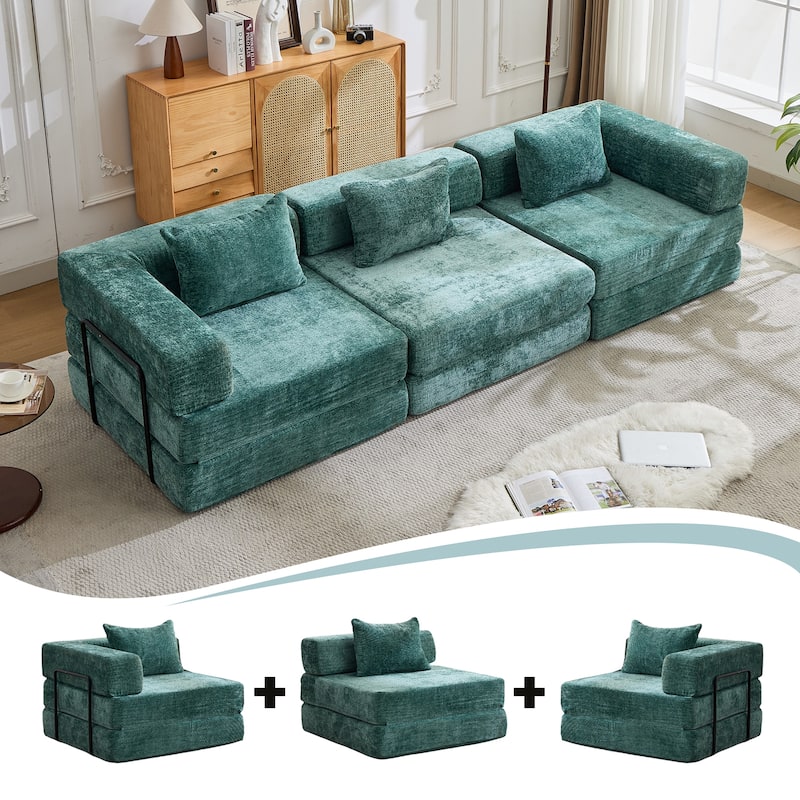 Free Combination Lazy Folding Sectional Sofa Chenille Modular Sleeper Sofa Bed Floor Standing Compression Mattress