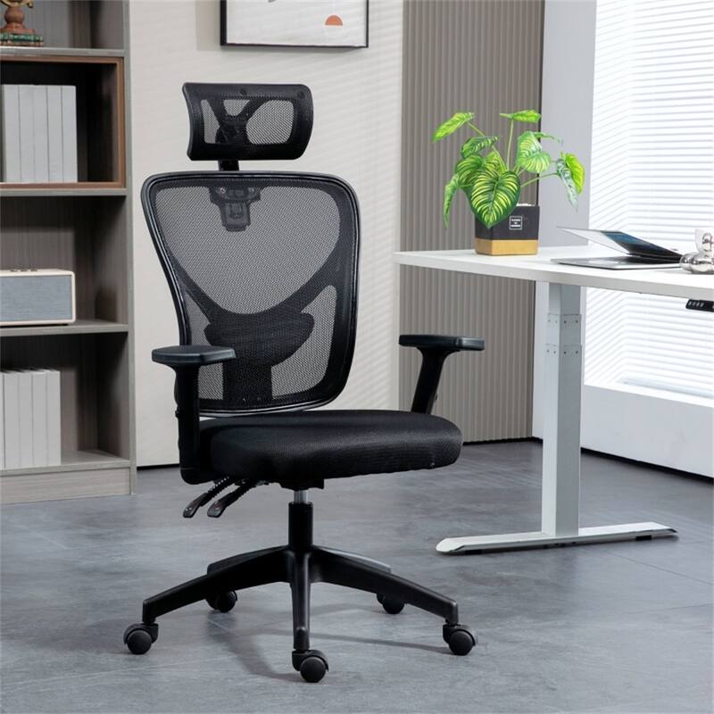 Black Mesh Ergonomic Office Chair with Recline, Headrest and Lumbar - 26" W x 24" D x 41.75"-45.75" H