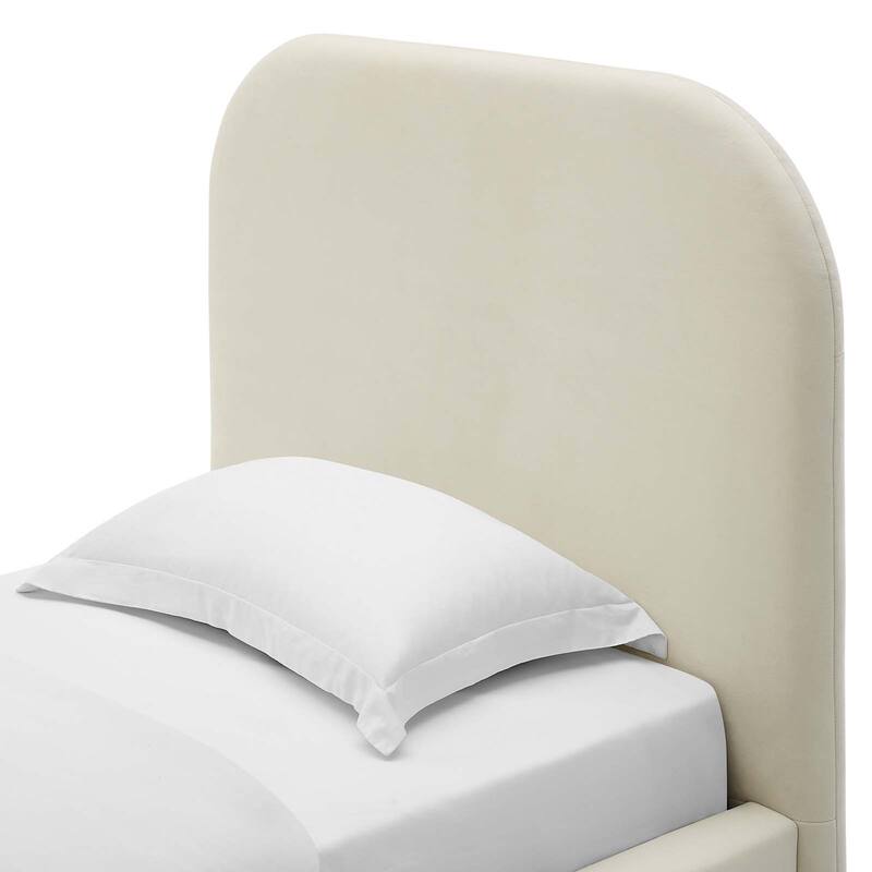 Hillsway Modern Curved Headboard Off-white Velvet Upholstered Twin Size Platform Bed