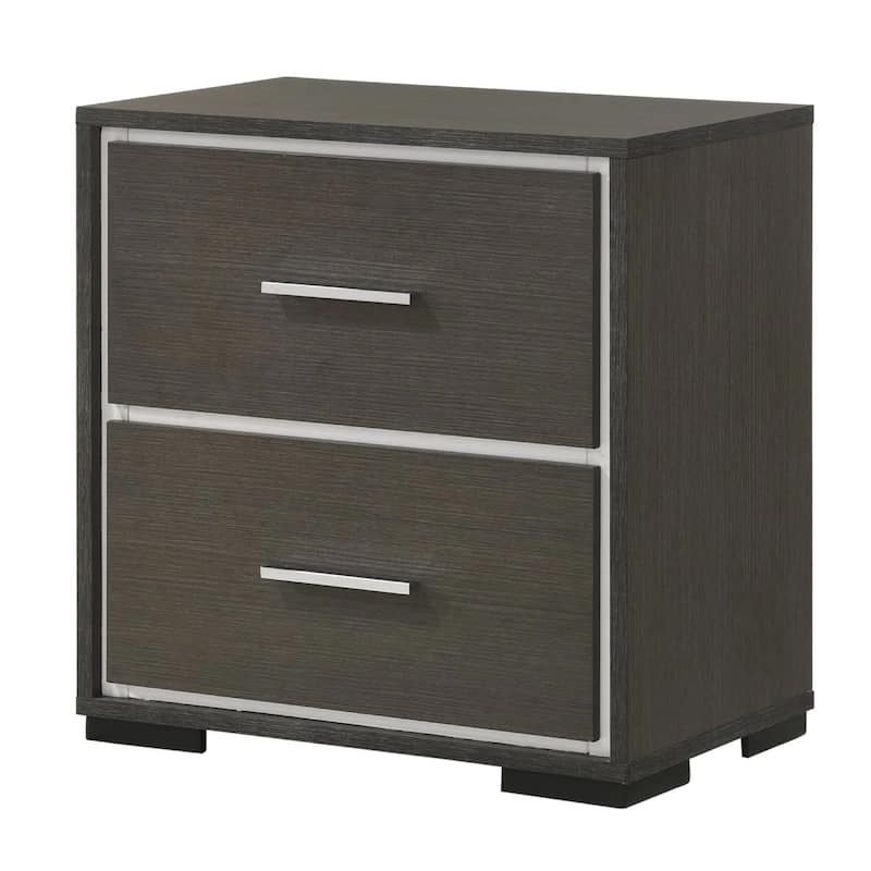 Hez Nightstand, 2 Drawers, Silver Trim, Modern Dark Brown Finish