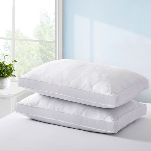2 Pack Goose Feather Down Pillows with Quilted Cotton Cover - White - Medium-Firm - King