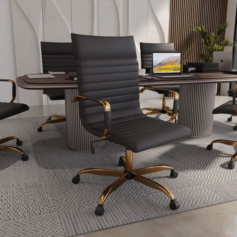 Harris Leather Executive Office Chair - Ergonomic Lumbar Support, Adjustable Height, Tilt Lock, Gold Frame, Rolling Casters