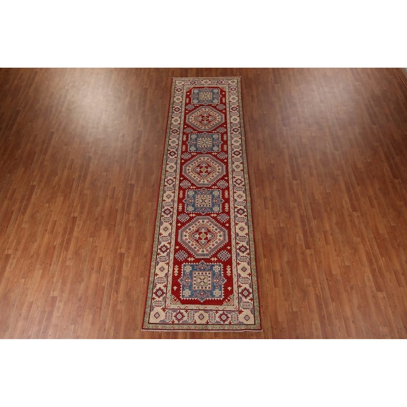 Geometric Red Kazak Runner Rug Hand-Knotted Hallway Wool Carpet - 3'11" x 13'4"