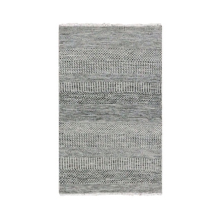Shahbanu Rugs Ice Gray, Modern Grass Design, Tone on Tone, Undyed 100% ...