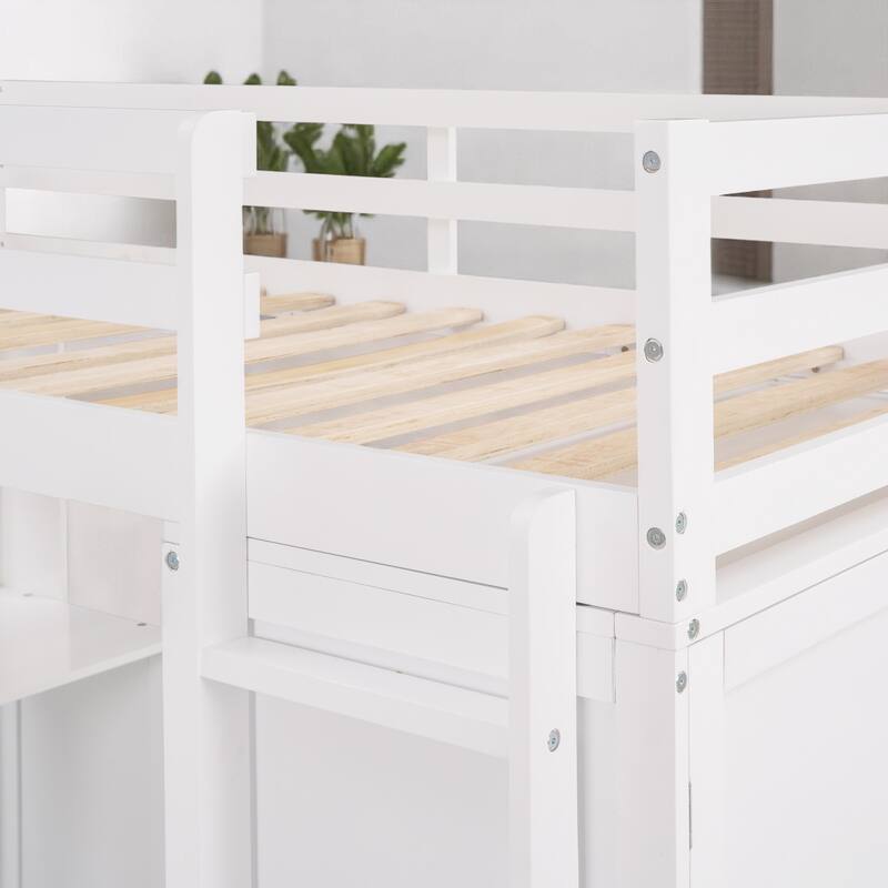 Wooden Twin/Full Loft Bed with Built-in Desk, Wardrobe Closet & Storage Drawers, Guardrail Design