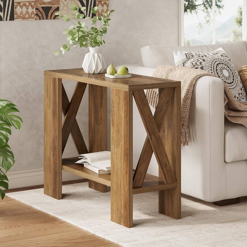 2-Tier End Table with Storage Shelves for Small Spaces, Living Room