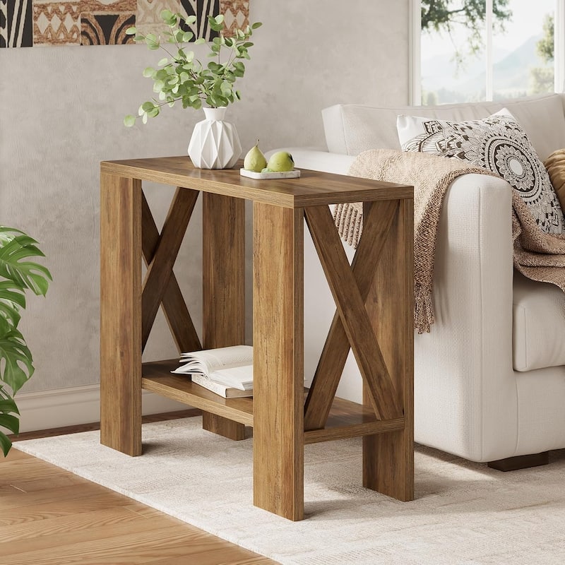 2-Tier Side Table, Farmhouse End Table with Storage Shelves - Rustic Brown