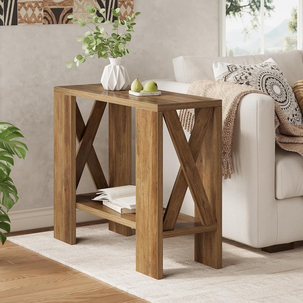 2-Tier Side Table, Farmhouse End Table with Storage Shelves