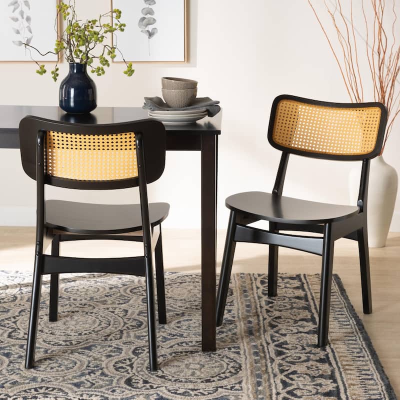Tafari Mid-Century Modern Wood and Rattan 2-Piece Dining Chair Set