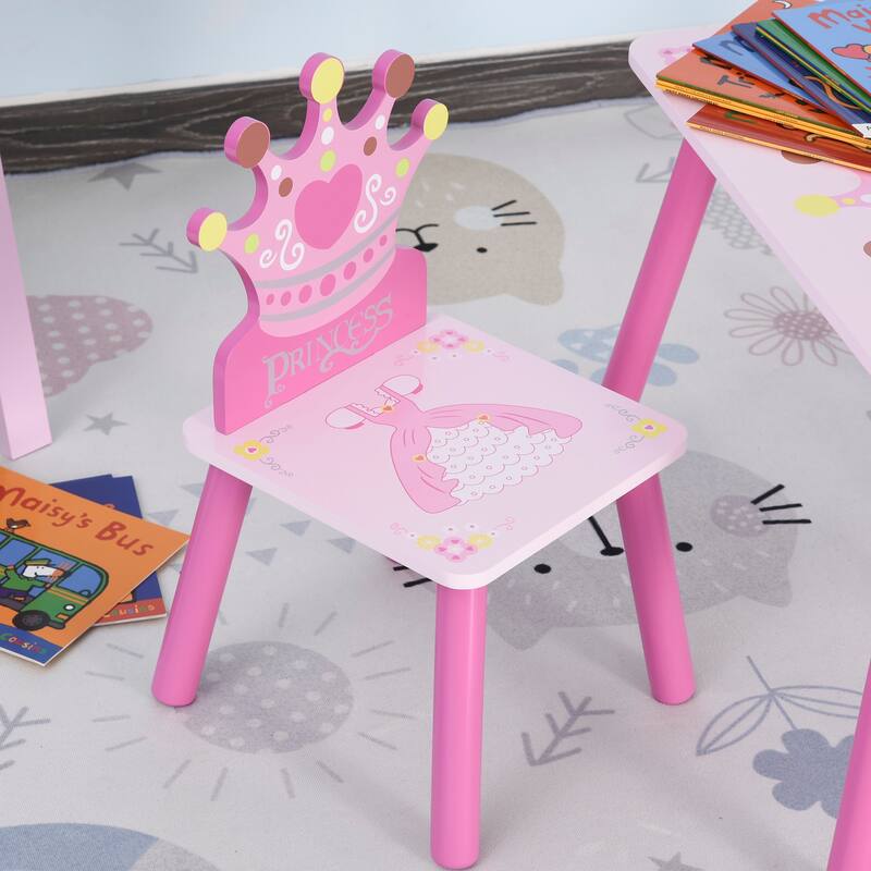 Qaba 3-Piece Set Kids Wooden Table Chair with Crown Pattern Easy to Clean Gift for Girls Toddlers Age 3 to 8 Years Old Pink