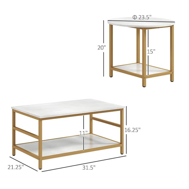 HOMCOM Coffee Tables Set of 2, 2-Rier Rectangle and Round Coffee Table with Storage Shelves, White