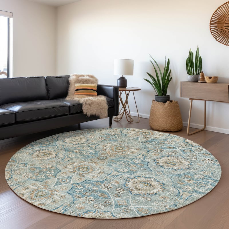 Premium Washable Super Soft Traditional Damask Mayfield Rug - Peacock - 8' x 8' - Round