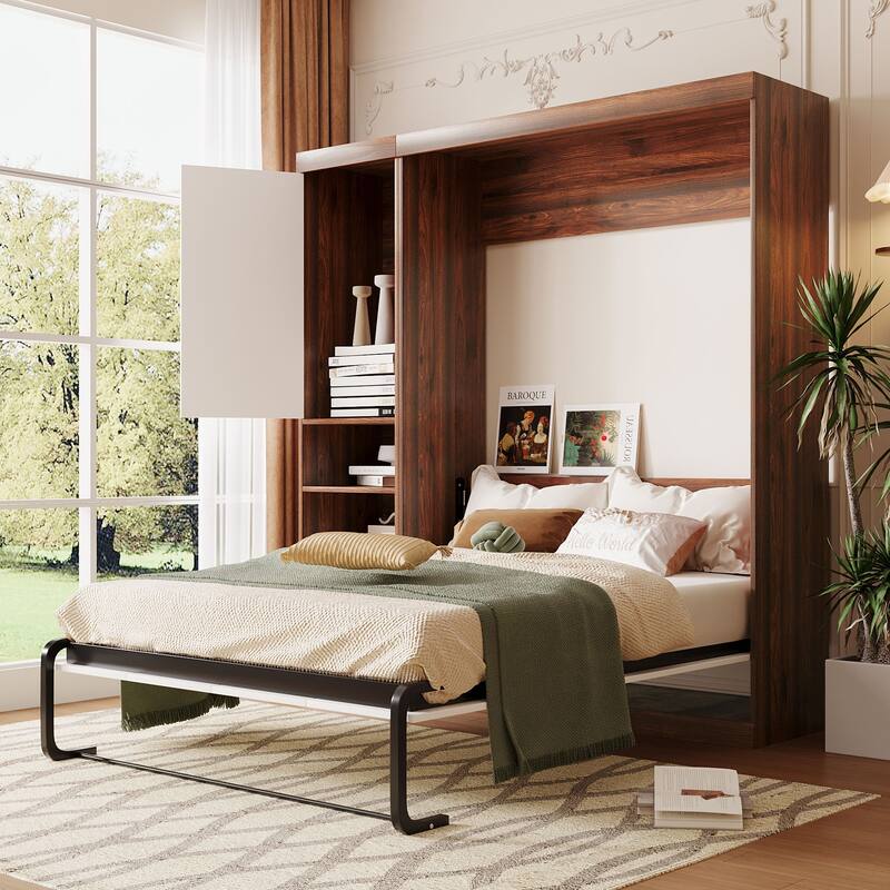 Industrial Style Wooden Murphy Bed with Metal Bed Frame, Space-Saving Design Wall Bed with All-in-One Cabinet & Shelf & 2 Drawer