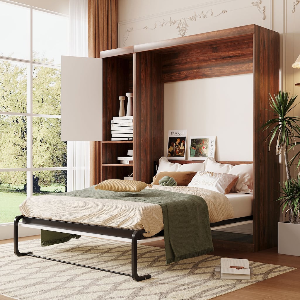 Wooden Wall Murphy Bed with Side Cabinet & Folded Design