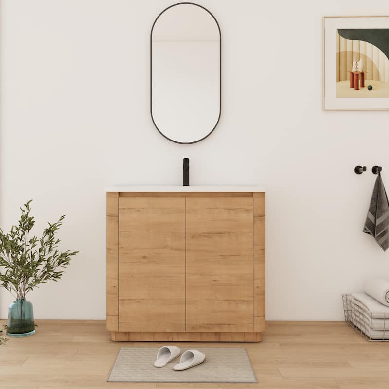 Bathroom Vanity With Sink In 36/40 Inch, Freestanding Bathroom Vanity With Soft Close Door and Adjustable Shelf - 36''W×18.8''D×34.1''H - Imitative Oak
