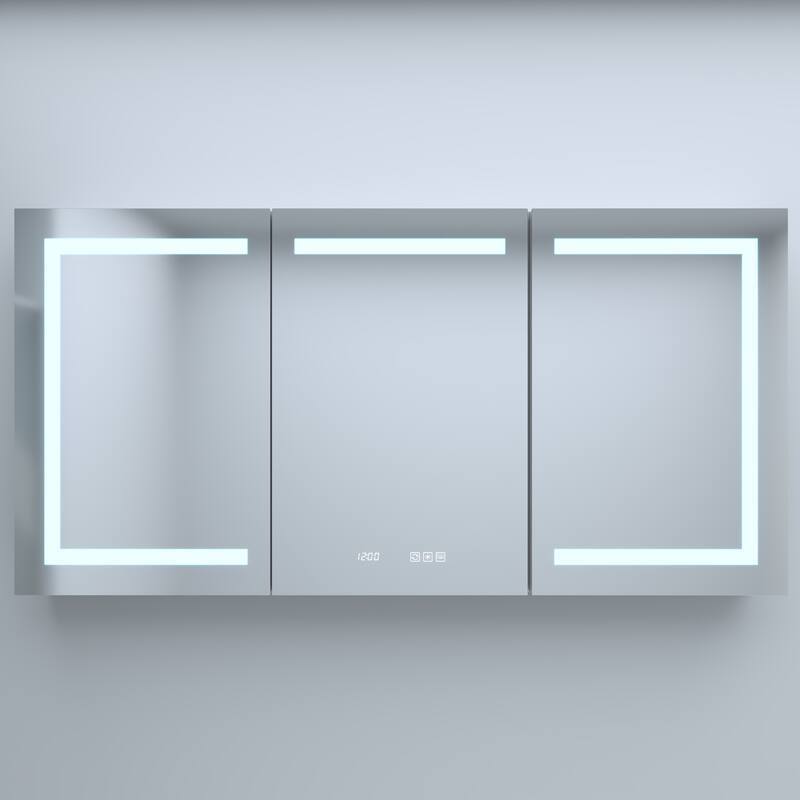 GDFStudio - Delmar Modern Aluminum LED Lighted Medicine Cabinet with Mirror Anti Fog and Digital Clock
