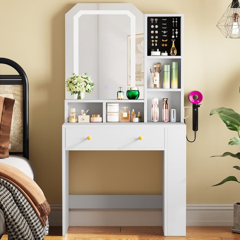 Moasis Small Makeup Vanity Desk with Mirror and Adjustable Lights - 15.75"D x 23.62"W x 55.91"H