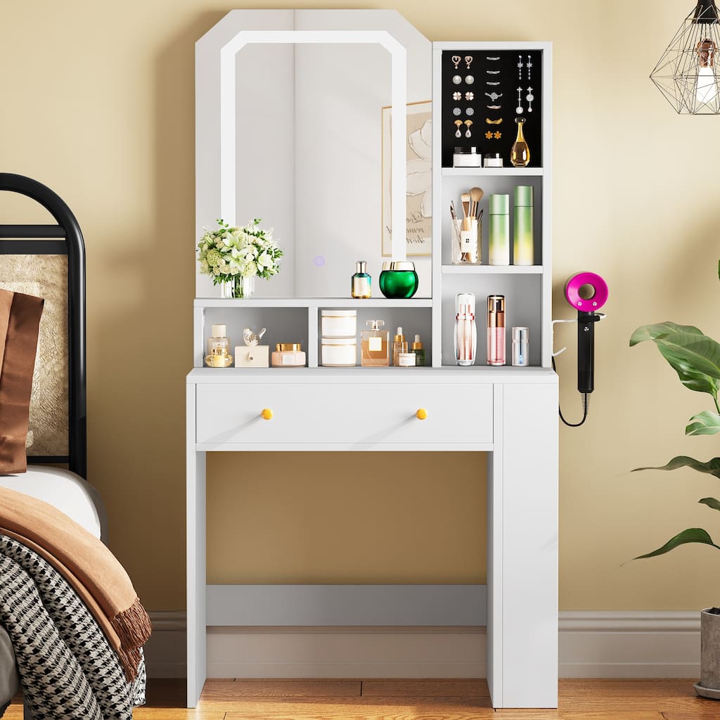 Vanity Table with Jewelry Foam, Storage Drawer, Shelves, and Side Storage for Bedroom, Dressing Room