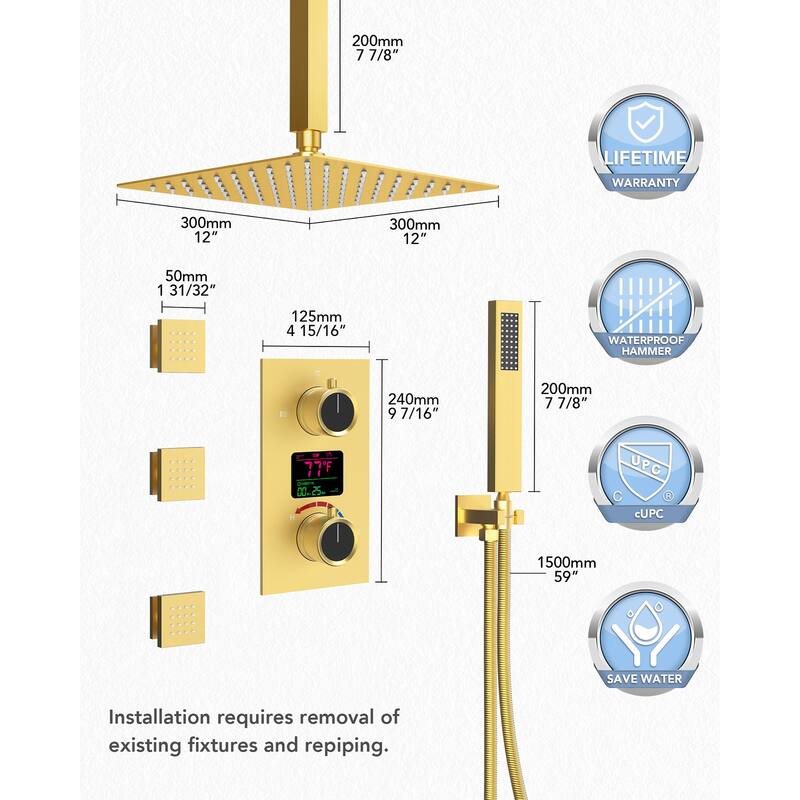 Celling Mounted 12 in Rain Shower Head LCD Digital Thermostatic Shower System Faucet Set with 3 Body Jets