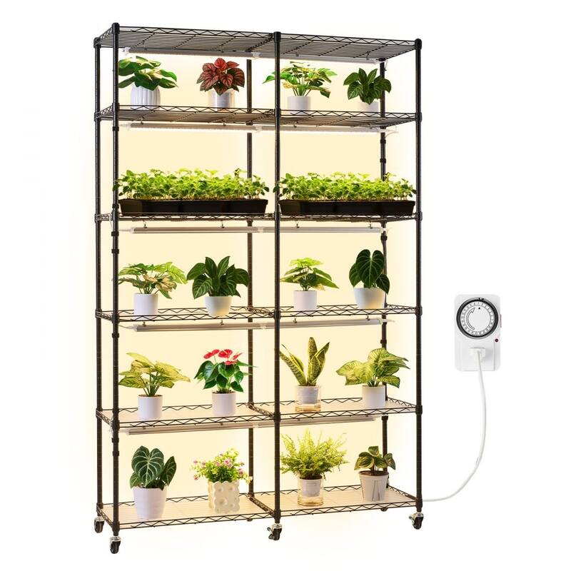 Black Metal 6-Tier Double-Row Plant Stand with 10 Warm LED Grow Lights and Timer - 47.24 x 13.78 x 70.87 in
