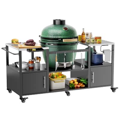 Outdoor Grill Table for Big Green Egg Style BBQ, Metal Grill Cart with Storage Box, Compatible with up to Large Green Egg